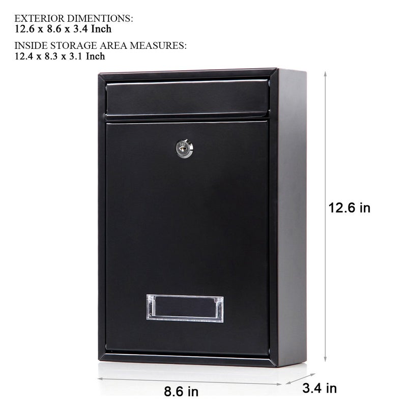 Jssmst Locking Mailboxes Wall Mounted Vertical â€“ Jssmst Key Lock Drop Mail Box Medium Capacity Galvanized Steel Cover Rust-Proof Metal Post Box, 12.6 x 8.5 x 3.4 Inch, Black, SM-0601L - Image 2
